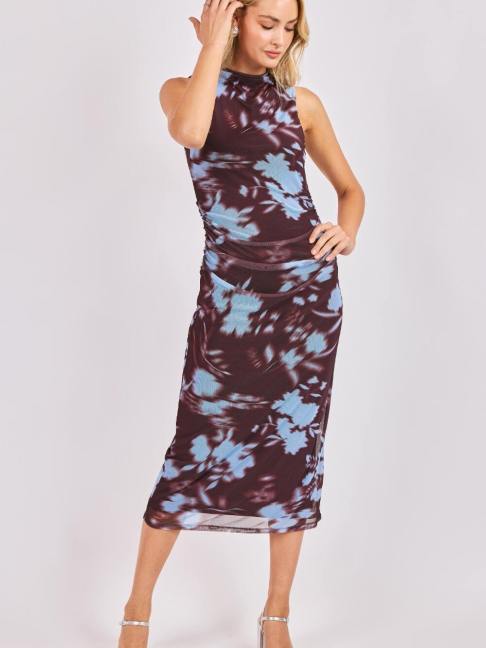 NWT Sadie & Sage Urban Siren Ruched Midi Dress in Brown Blue